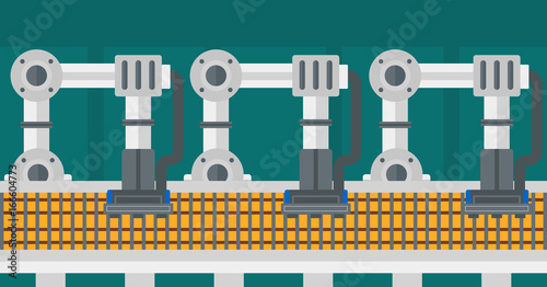 Automated robotic production line. Automated robotic conveyor belt. Robotic arms working on conveyor belt. Vector flat design illustration. Horizontal layout.