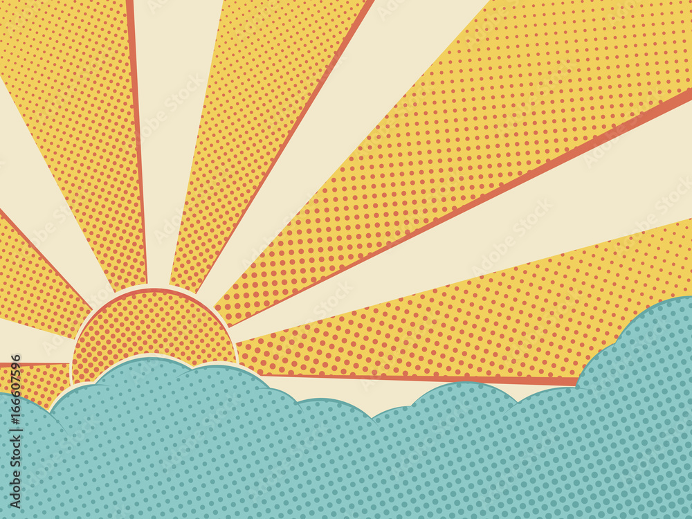 Naklejka premium Słońce na niebie komiks pop-artu.