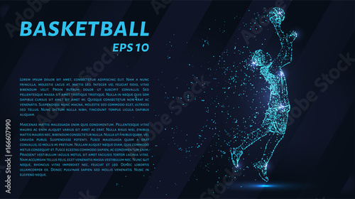 Basketball which is composed of pixels. Particles in the form of a basketball player on a dark background. Vector illustration. Graphic concept of basketball.