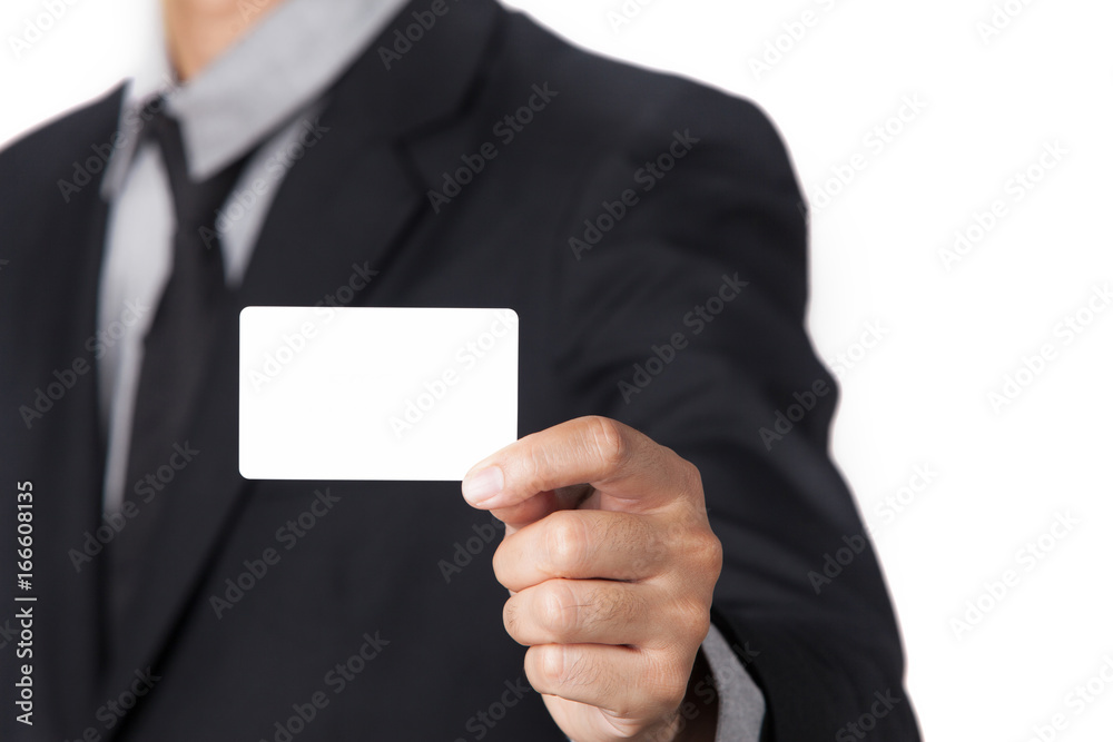 A Businessman showing his name card with space for copy. A Businessman showing his name card with space for copy.