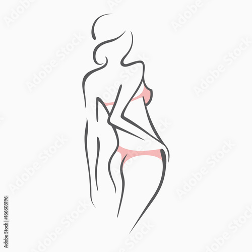 Sexy fitness naked girl with a chic figure. Intimate sexy lady, model in a pose. Lovely  ass In swimsuit, panties. Drawn graphics for design, Abstraction background