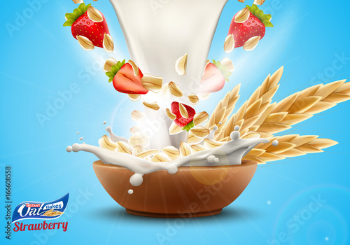 Oat flakes with sweet delicious strawberry and big milk splash advertising flyer vector illustration. High quality art for ads broshure, poster or label design