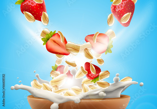 Oat flakes with sweet delicious strawberry and big milk splash advertising flyer vector illustration. High quality art for ads broshure, poster or label design