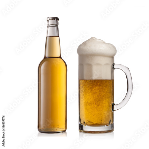 bottle beer and glass  on white background