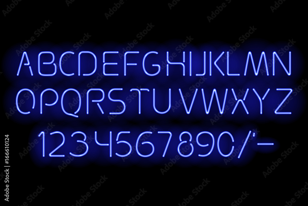 Blue neon alphabet vector illustration. Glowing ABC. Fluorescent letters with highlights for dark backgrounds Blue neon alphabet vector illustration. Glowing ABC. Fluorescent letters with highlights for dark backgrounds