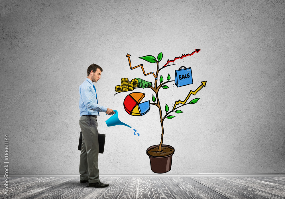 Young businessman in empty room watering drawn growth concept with can Young businessman in empty room watering drawn growth concept with can
