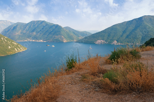 View of Kotor Bay with islets from a mountain slope. Montenegro