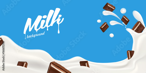 Splashing milk wave with chopped chocolate vector illustration for yogurt or milk product label and packaging design or advertising needs