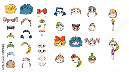 Collection of hand drawn vector doodles of kawaii funny girls heads with different hair, accessories and two bodies.