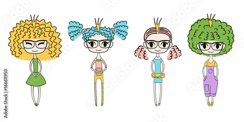 Hand drawn vector illustration of four kawaii trendy girls with curly hair, in cute dresses, t-shirt, leggings, shorts, and denim overalls