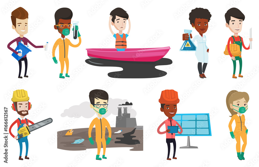 Man with recycling bin in hand picking up used plastic bottles. Man collecting garbage in recycle bin. Waste recycling concept. Set of vector flat design illustrations isolated on white background. Man with recycling bin in hand picking up used plastic bottles. Man collecting garbage in recycle bin. Waste recycling concept. Set of vector flat design illustrations isolated on white background.