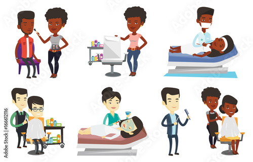 Woman lying on the couch in beauty salon and getting cosmetic dermal injection in face. Doctor making beauty injections to client. Set of vector flat design illustrations isolated on white background.