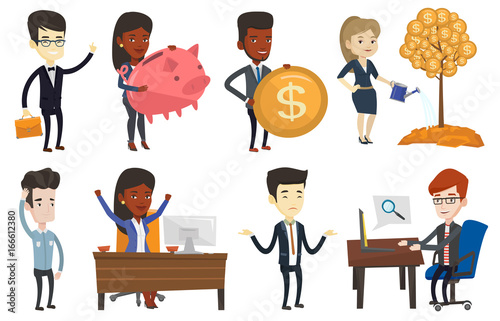 African-american business woman with piggy bank. Business woman holding piggy bank . Business woman saving money in piggy bank. Set of vector flat design illustrations isolated on white background.