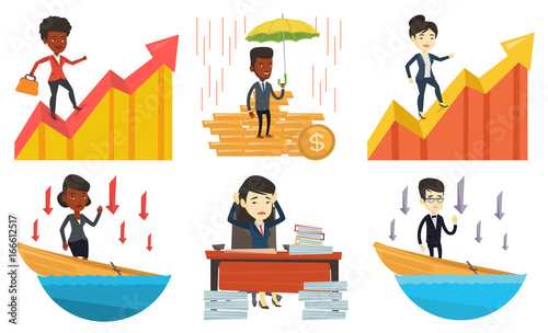 Young asian business woman standing in sinking boat and arrows behind her pointing down symbolizing business bankruptcy. Set of vector flat design illustrations isolated on white background.