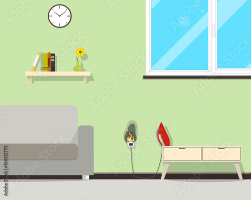 Because of the high voltage on the network, the wiring in the house caught fire. Vector illustration
