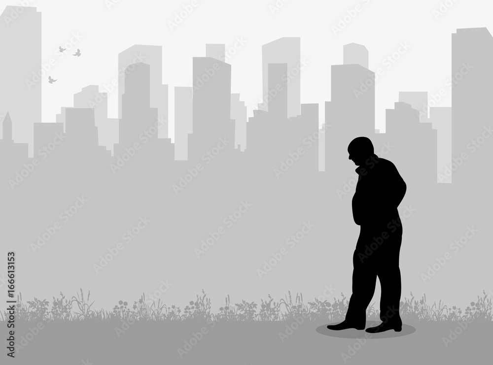 Vector silhouette man on city background