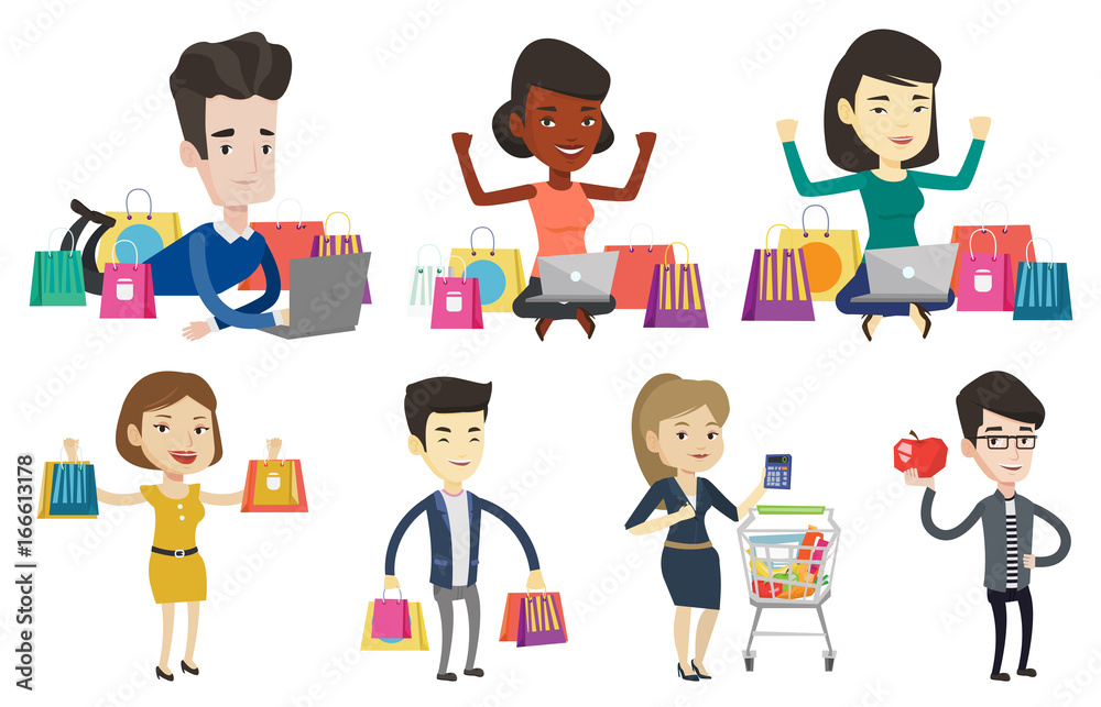 Caucasian man using laptop for online shopping. Man lying with laptop and making online shopping order. Man doing online shopping. Set of vector flat design illustrations isolated on white background. Caucasian man using laptop for online shopping. Man lying with laptop and making online shopping order. Man doing online shopping. Set of vector flat design illustrations isolated on white background.