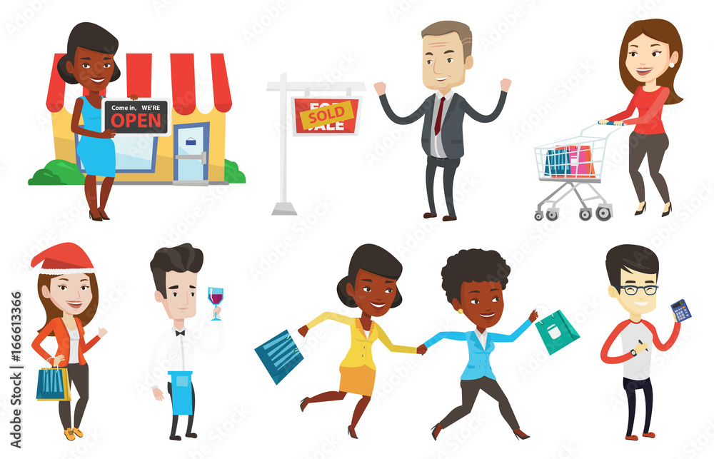 Shop owner holding an open signboard. Cheerful shop owner standing in front of small store. Woman inviting to come in her shop. Set of vector flat design illustrations isolated on white background.