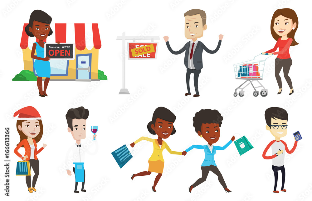 Shop owner holding an open signboard. Cheerful shop owner standing in front of small store. Woman inviting to come in her shop. Set of vector flat design illustrations isolated on white background. Shop owner holding an open signboard. Cheerful shop owner standing in front of small store. Woman inviting to come in her shop. Set of vector flat design illustrations isolated on white background.
