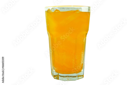 Orange soda favour soft drink in clear glass isolated on white background