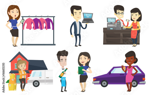 Surprised woman looking at price tag in clothing store. Woman shocked by price tag in clothing store. Woman staring at price tag. Set of vector flat design illustrations isolated on white background.