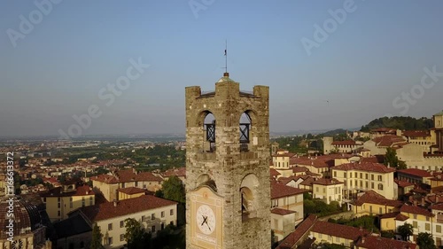 Bergamo - Old city. Drone aerial view of the clock tower called Il Campanone