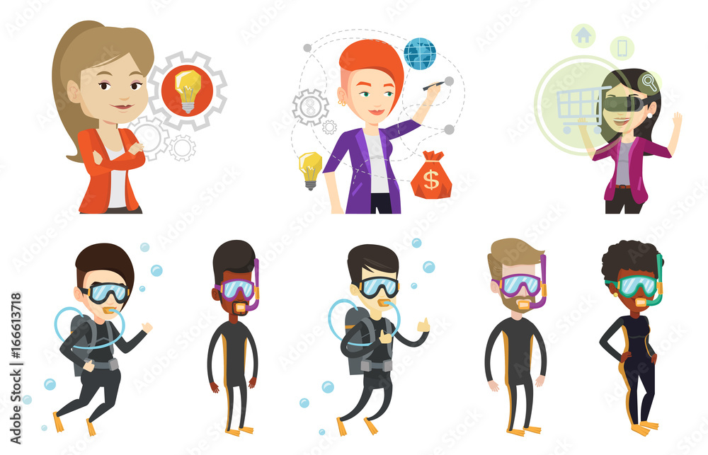 Caucasian woman diving with scuba and showing ok sign. Woman in diving suit snorkeling and giving thumb up. Diver in diving suit. Set of vector flat design illustrations isolated on white background. Caucasian woman diving with scuba and showing ok sign. Woman in diving suit snorkeling and giving thumb up. Diver in diving suit. Set of vector flat design illustrations isolated on white background.
