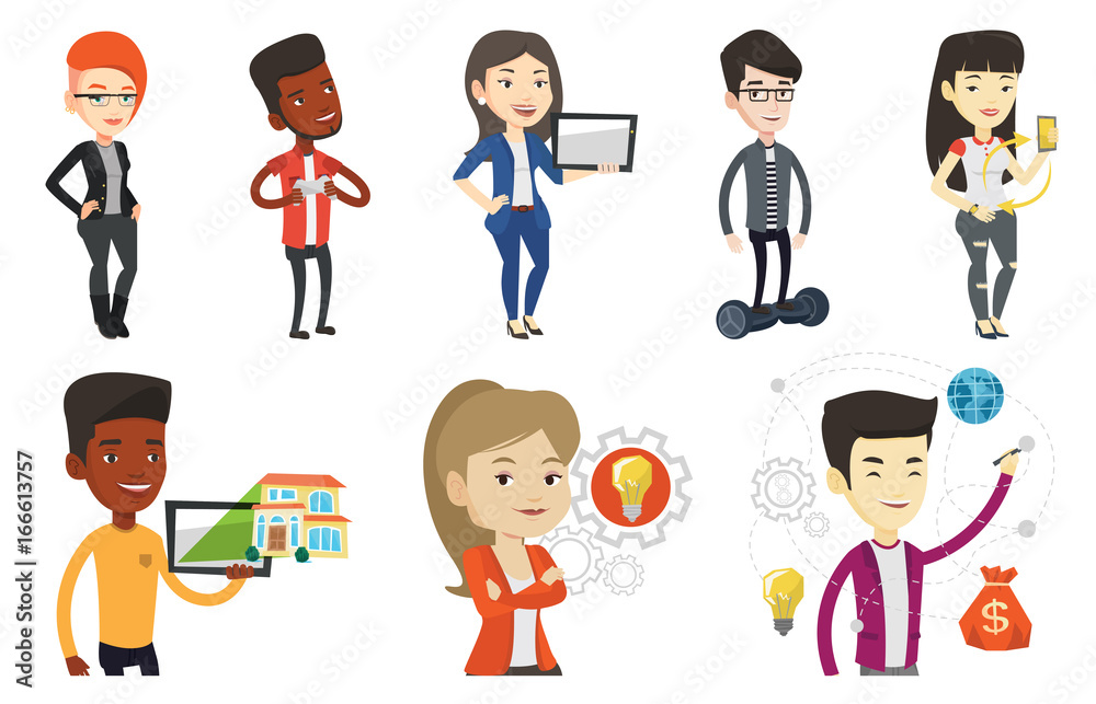 Businessman writing on virtual screen. Businessman drawing a cloud computing diagram on a virtual screen. Cloud computing concept. Set of vector flat design illustrations isolated on white background. Businessman writing on virtual screen. Businessman drawing a cloud computing diagram on a virtual screen. Cloud computing concept. Set of vector flat design illustrations isolated on white background.