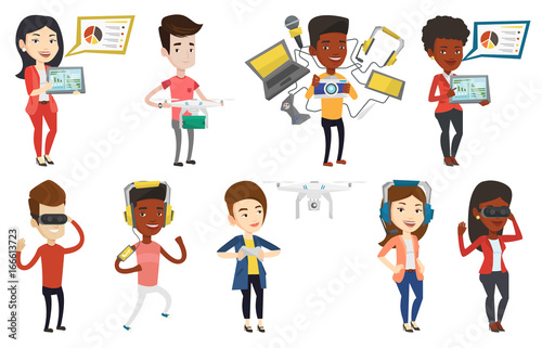 Young man flying drone with remote control. Man operating a drone with remote control. Man controling a drone with post package. Set of vector flat design illustrations isolated on white background.