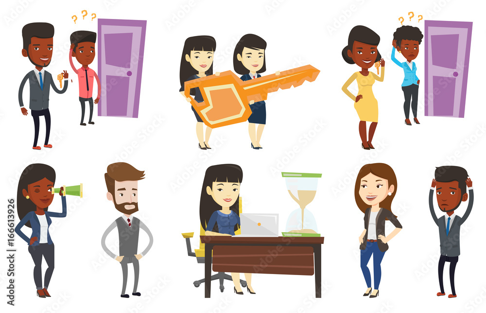 Obraz premium Happy businessman showing key on the background of young man looking at door. Concept of making the right decision in business. Set of vector flat design illustrations isolated on white background.