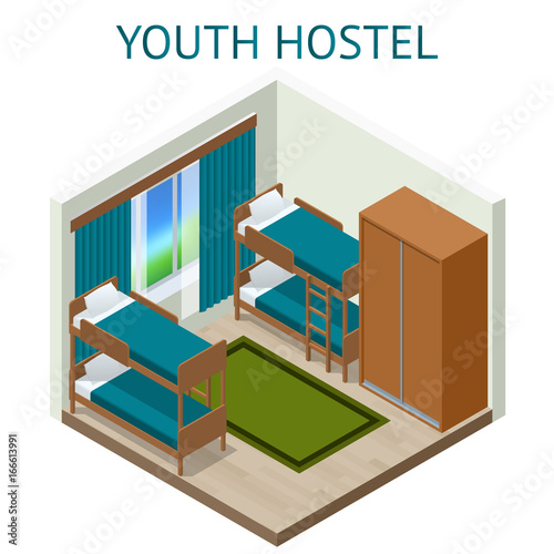 Youth hostel building facade, backpack, double decker bunk bed, room key Travel and tourism business themed items. Isometric hostel room