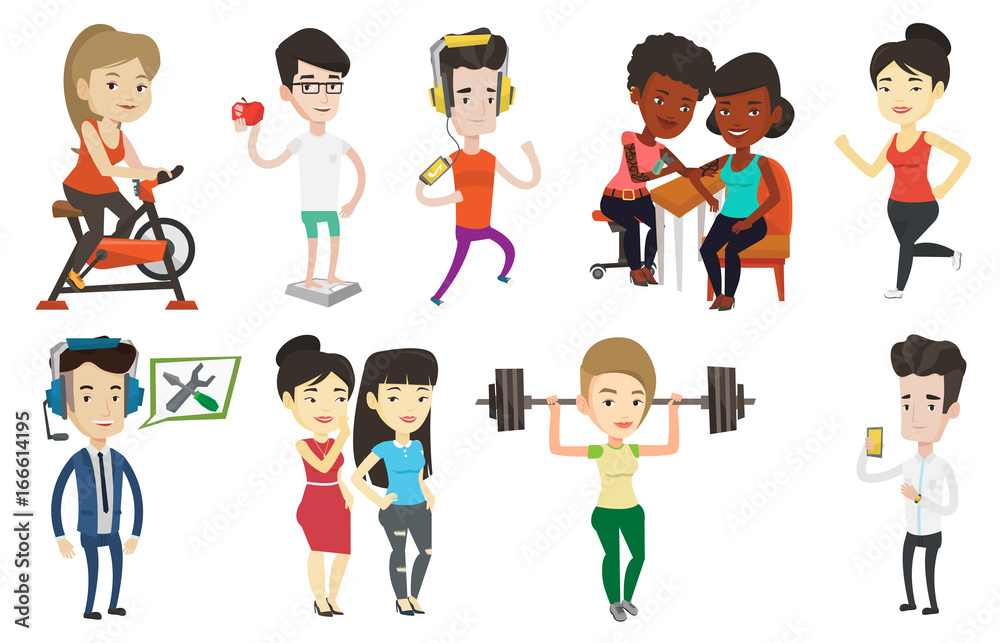 Man standing on scales and holding an apple in hand. Man adheres to a healthy lifestyle. Man satisfied with the result of diet. Set of vector flat design illustrations isolated on white background. Man standing on scales and holding an apple in hand. Man adheres to a healthy lifestyle. Man satisfied with the result of diet. Set of vector flat design illustrations isolated on white background.