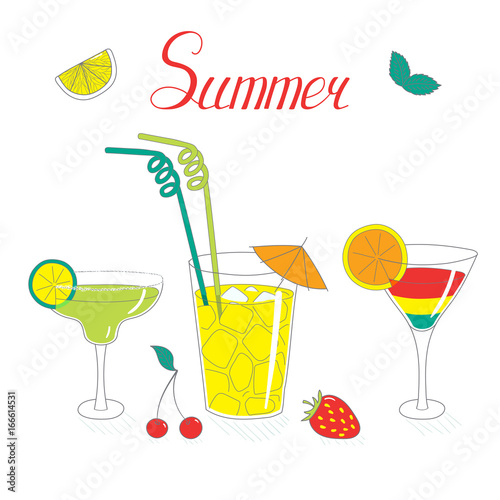Hand drawn vector still life with cocktails in different glasses with fruits, berries and mint leaves, with written text.