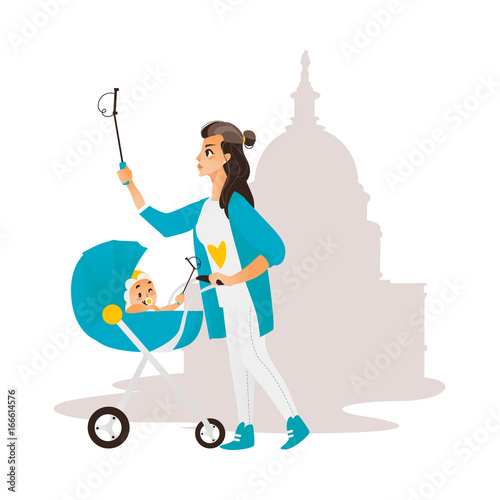 Vector woman with baby in stroller make selfie on the background of muslim mosque. Flat cartoon Isolated illustration on a white background. Female adult infant makes photo by selfie stick on vacation
