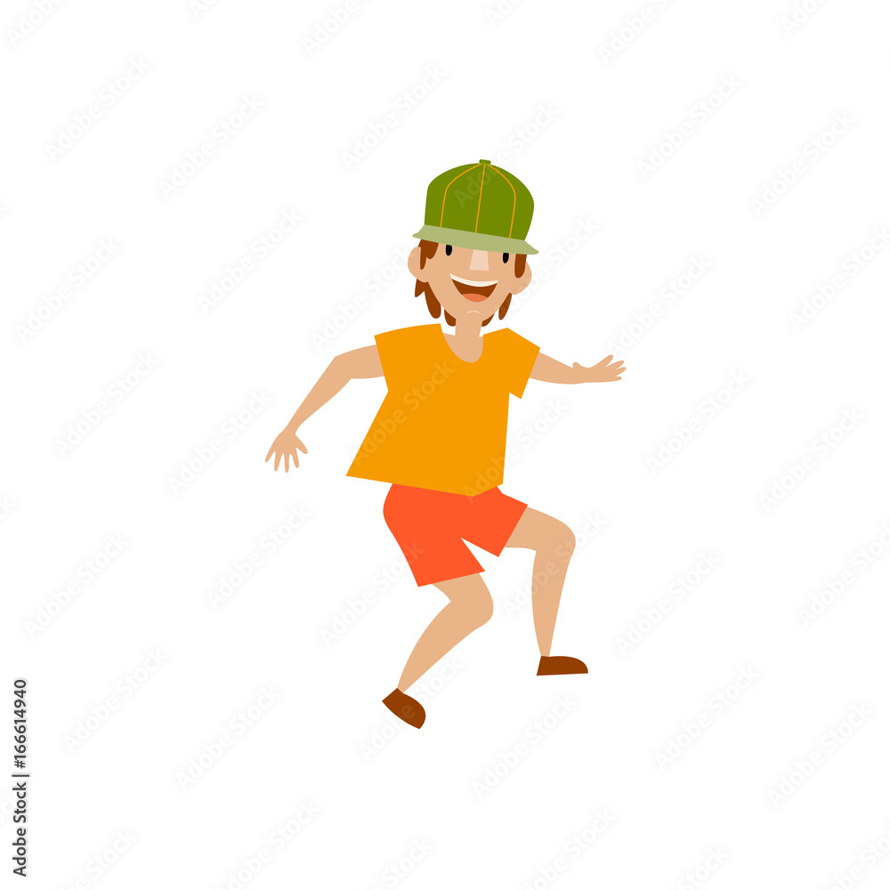 Vector young man in green cap and orange shorts funny dances. Flat cartoon illustration isolated on a white background. Teenager having fun dancing and smiling cheerfully. Vector young man in green cap and orange shorts funny dances. Flat cartoon illustration isolated on a white background. Teenager having fun dancing and smiling cheerfully.