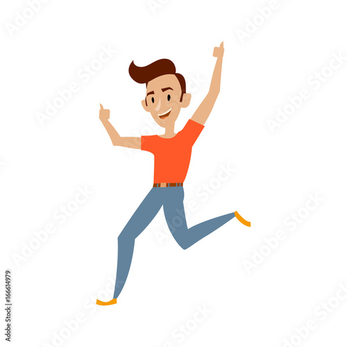 Vector young man in jeans and orange t-shirt funny dances. Flat cartoon illustration isolated on a white background. Teenager with fashion haircut having fun dancing and smiling cheerfully.