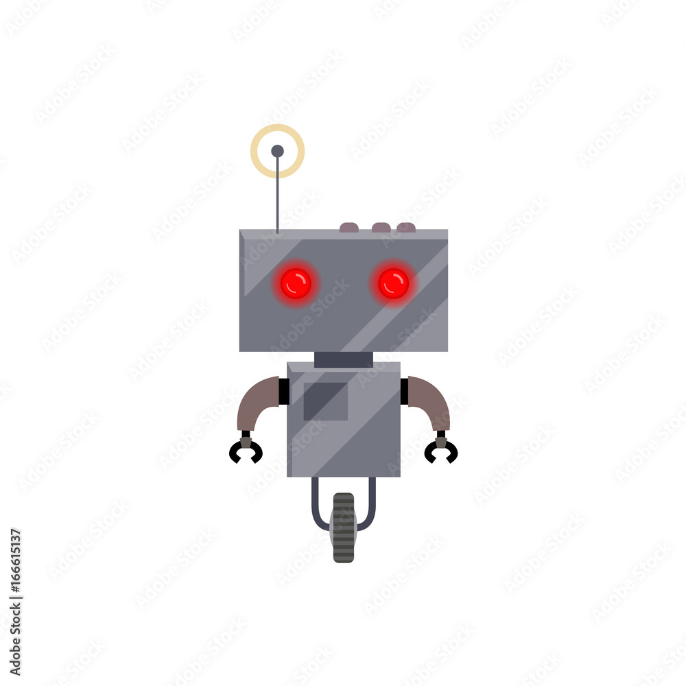 Robot evolution, retro android with wheel and antenna, cartoon vector illustration isolated on white background. Simple retro, vintage metal robot with wheel and antenna, cartoon style illustration Robot evolution, retro android with wheel and antenna, cartoon vector illustration isolated on white background. Simple retro, vintage metal robot with wheel and antenna, cartoon style illustration