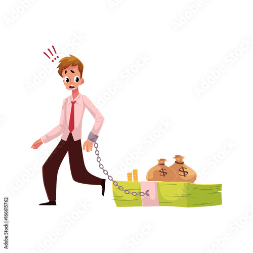 Young man with hand chained to bundle of banknotes, money dependence concept, cartoon vector illustration isolated on white background. Man with hand chained to bundle of money, financial dependence