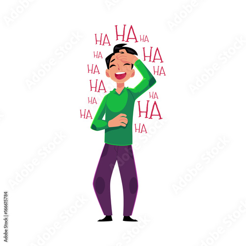 Young man laughing out loud, crying from laughter holding forehead, cartoon vector illustration isolated on white background. Full length portrait of young man bursting with laughter, laughing to tear