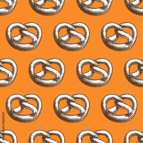 Fresh baked salted sesam pretzel seamless pattern. German traditional oktoberfest baked goods. Wrapping print for bake shops and markets.