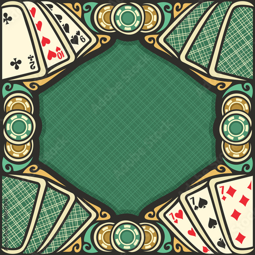 Vector poster for Blackjack gamble: frame with green background for text on black jack gambling theme, vintage blackjack table with retro playing cards top view, border with gaming chips for casino.