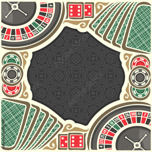 Vector poster for Casino: frame with black background for text on casino gambling theme, border with roulette wheel up, red dice for craps, gaming chips for casino, table with playing cards top view.