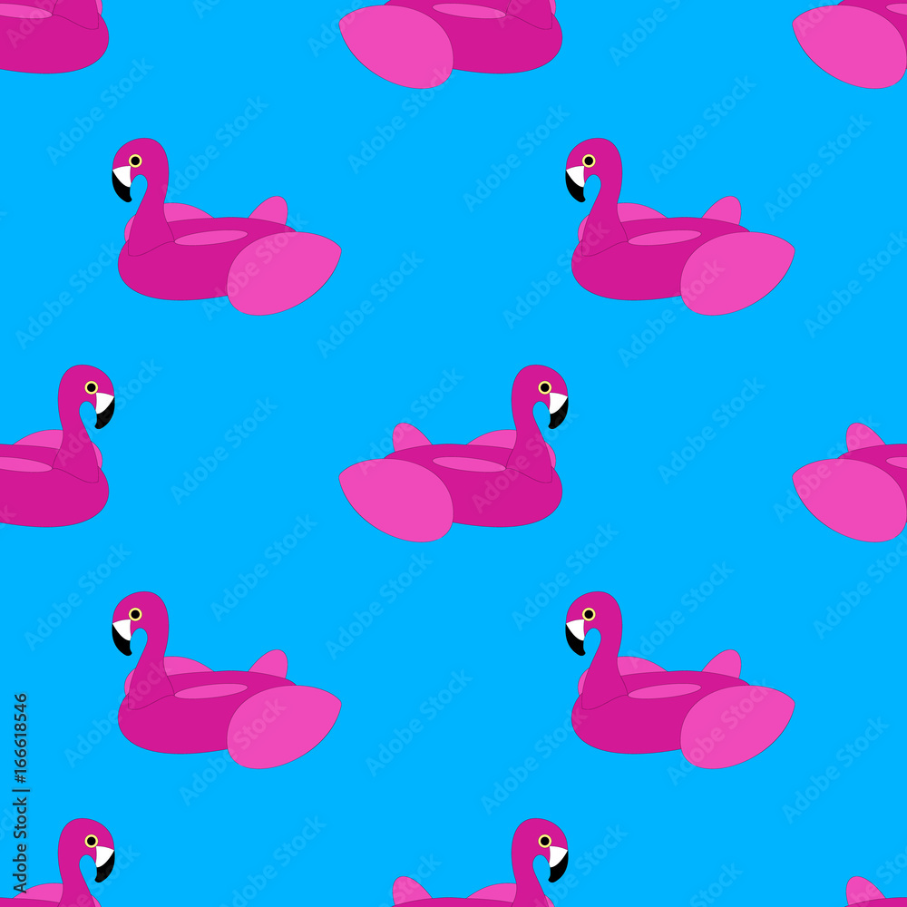Pink Flamingo Float Seamless Pattern on Exotic Blue