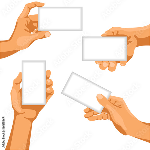 Human hands with business cards in them / There is illustration of human hands in different positions with business card in them
