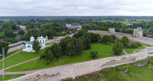 Ancient fortress Izborsk. Drone flight over old medieval stronghold in Izborsk. photo