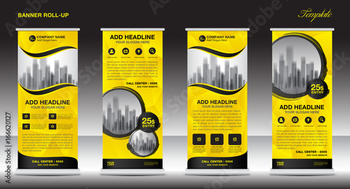 Roll up banner stand template design, Yellow banner layout, advertisement, pull up, polygon background, vector illustration, business flyer, display, x-banner, flag-banner, infographics, presentation