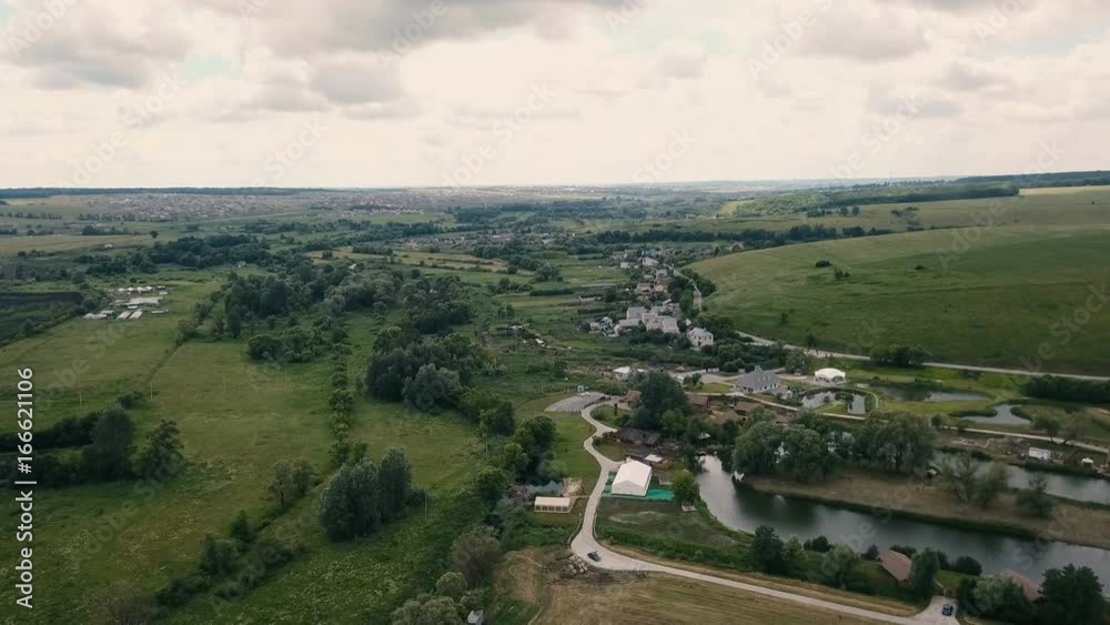 Aerial small rural country side. Flight over rural country homes Aerial small rural country side. Flight over rural country homes