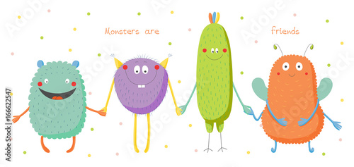 Hand drawn vector illustration of cute funny colourful monsters smiling and holding hands, text Monsters are friends.