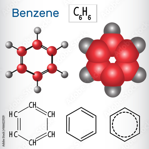 Benzene molecule - structural chemical formula and model.