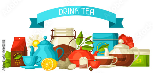 Background with tea and accessories, packs and kettles